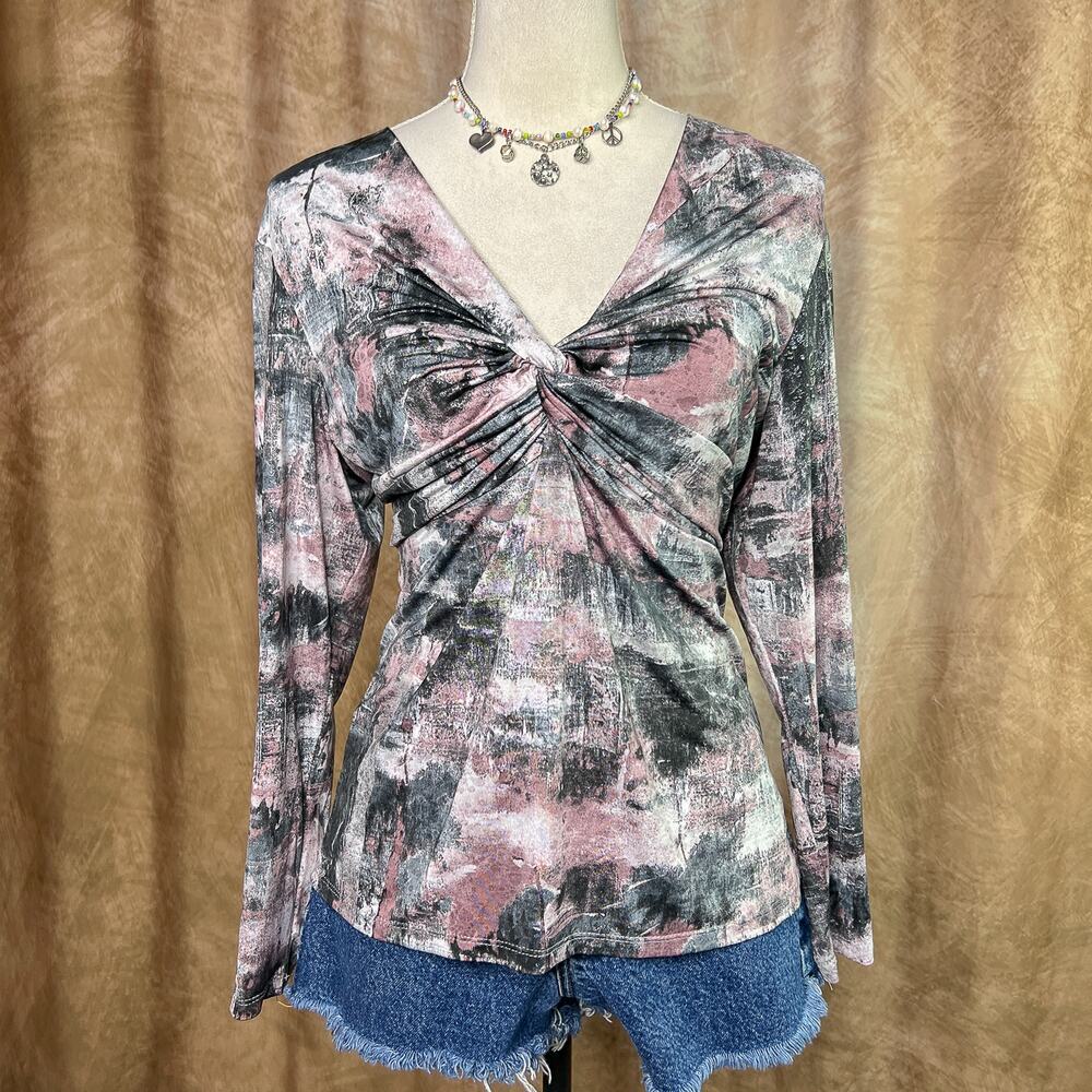 Vintage Y2K Top Ruched Wrap Twist Multicolor Metallic Long Sleeve V Neck Indie